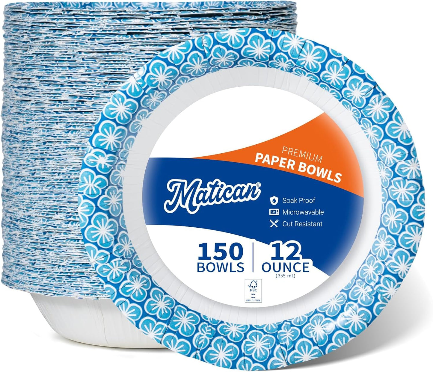 MATICAN Paper Bowls 12 oz, 150-Count Disposable Bowls, Heavy Duty Soak-Proof and Microwave-Safe Paper Bowls with Plum Blossom Harmony Design, Great for Soup, Salad, Snacks, and Party Use