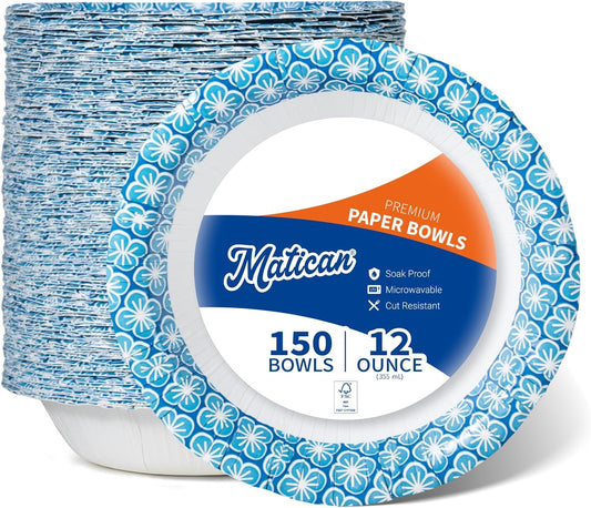 MATICAN Paper Bowls 12 oz, 150-Count Disposable Bowls, Heavy Duty Soak-Proof and Microwave-Safe Paper Bowls with Plum Blossom Harmony Design, Great for Soup, Salad, Snacks, and Party Use