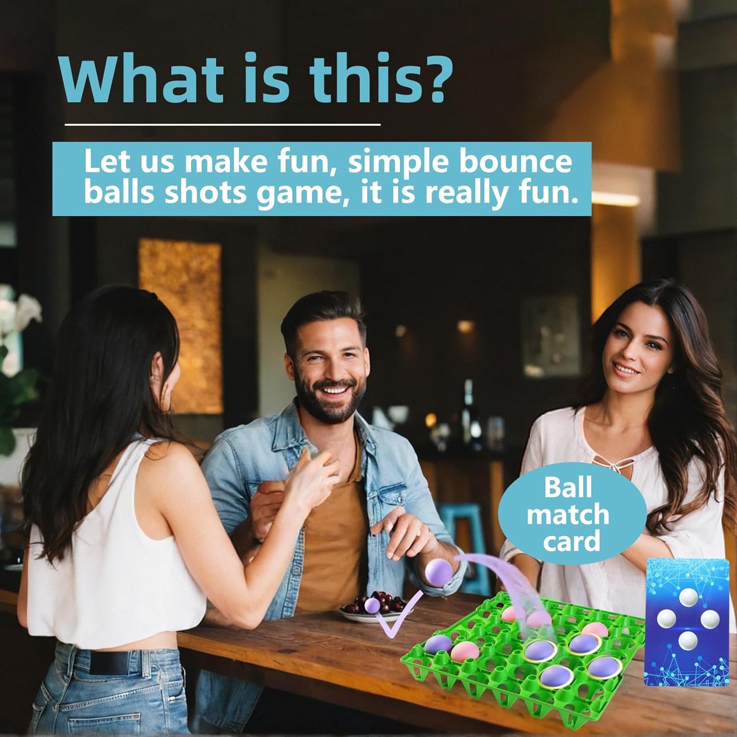 Bounce Ball Fun Party Game - 4 in a Row Games with 60 Balls & Cards - Indoor Outdoor Carnival Party Toys for Kids, Adults, Teens, Families, Game Night. 2-12 Players