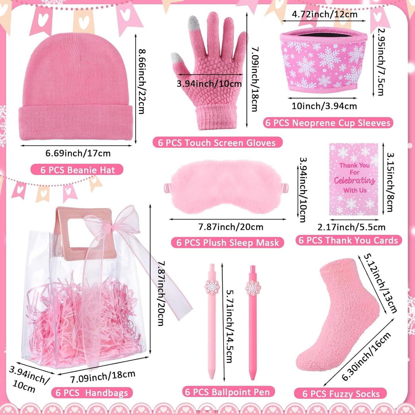 Shihanee 6 Sets Baby Shower Prizes for Game Wedding Bridal Shower Winners Favors Include Beanie Hat Touch Screen Gloves Fuzzy Socks Plush Sleep Eye Mask Cup Sleeves Ballpoint Pen Card Gift Bags(Pink)