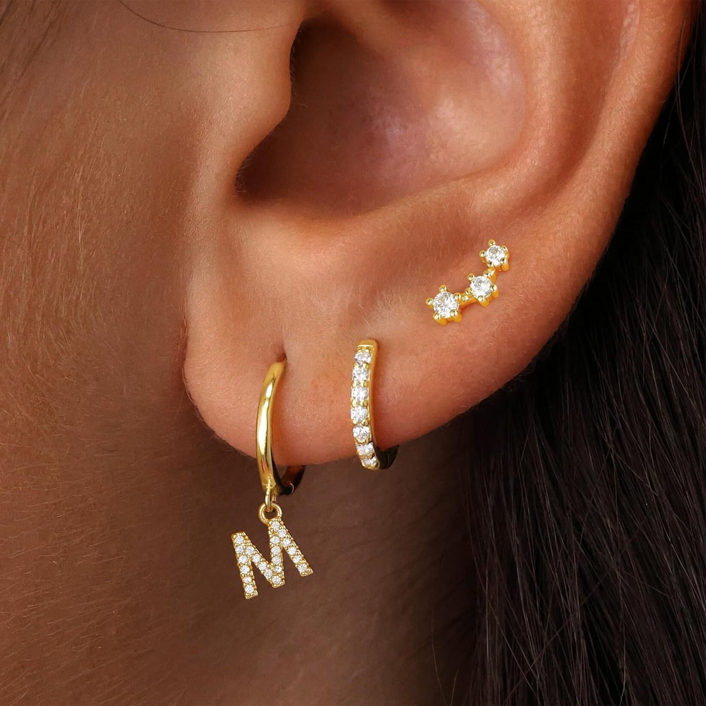 Gold Earrings for Women Girls - 3 Pairs Gold Huggie Hoop Earrings for Girls with Initial Dangle Cartilage Earrings Studs Hypoallergenic Earring Set for Multiple Piercing Gifts for Women Girl