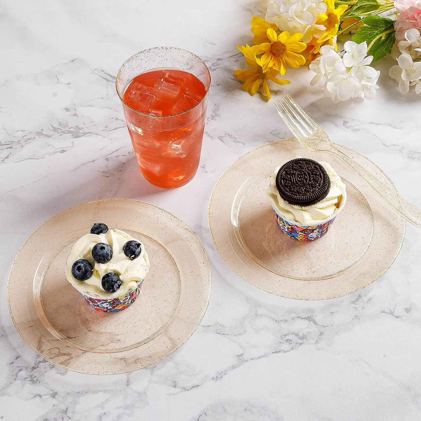 Goodluck 120PCS 7" Gold Glitter Dessert Plastic Plates with 7.4" Forks, Gold Appetizer Plates for 60 Guests, Including 60 Disposable Cake Plastic Plates and 60 Forks for Wedding/Birthday Party