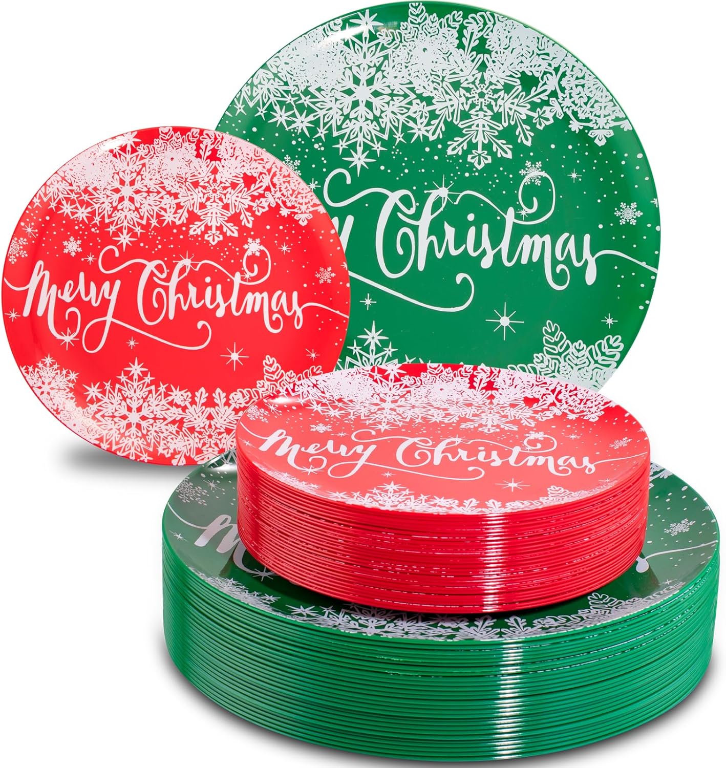 Rubtlamp 60Pcs Christmas Plastic Plates, Red Disposable Plates with Snowflake, Green Plastic Plates, Christmas Party Plates Include 30 Red Dessert Plates, 30 Green Dinner Plates