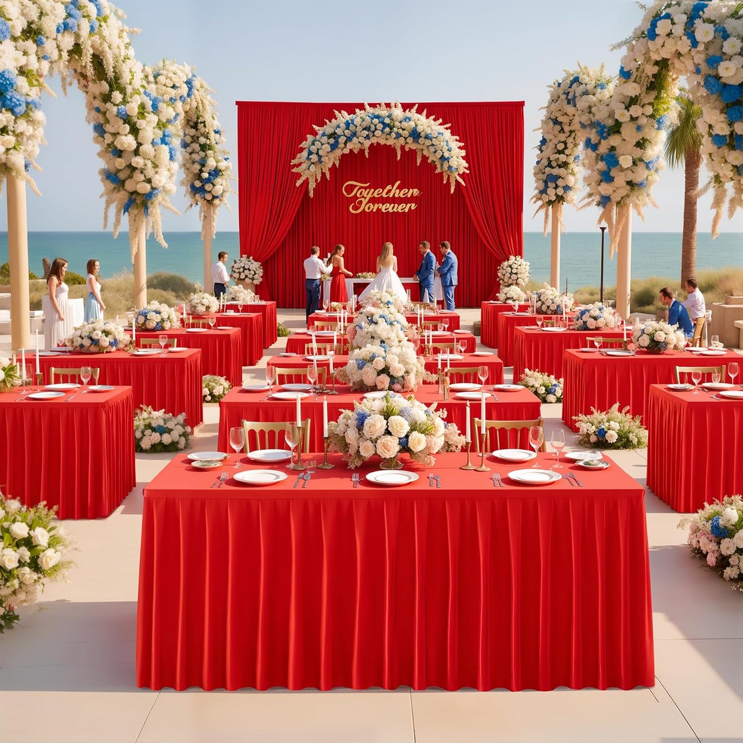 2 Pack Red Rectangle Tablecloth 8 FT Stretch Spandex Fitted Table Cloth for 8 Foot Rectangle Tables Banquet Tablecloths Wrinkle Free Table Cover Skirt Ruffle Tablecloths for Party Wedding Birthday