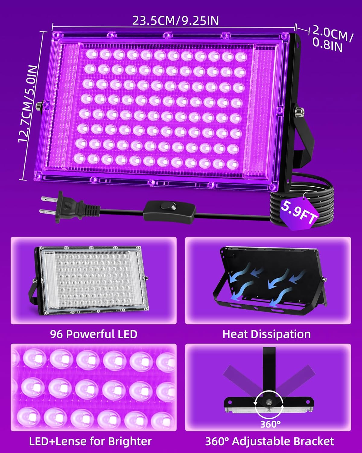 100W LED Black Lights IP66 Waterproof Black Light Outdoor with 5.9ft Plug+Switch,Flood Blacklight for Halloween Glow in The Dark Party Stage Light Neon Glow Birthday 2 Pack