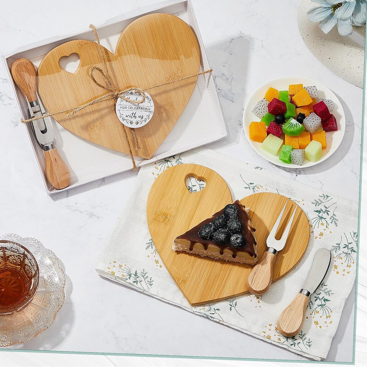 Patelai 36 Set Bridal Shower Favor Heart Cheese Board Cheese Knives Wood Mini Charcuterie Board Thank You Gift Box for Guest Bridal Baby Shower Prize Wedding Birthday Valentines (Bamboo Color)