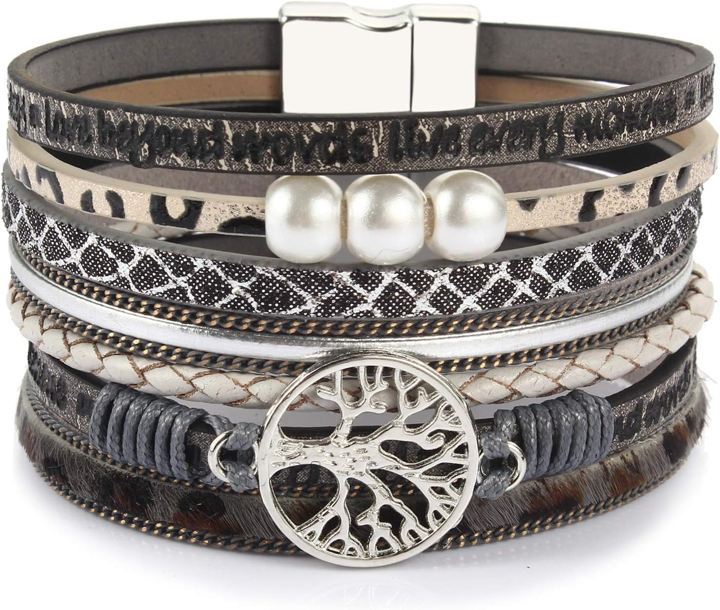FANCY SHINY Tree of Life Leather Wrap Bracelet Inspirational Cuff Bangles Boho Pearl Bracelets with Magnetic Clasp Unique Jewelry Gifts for Women