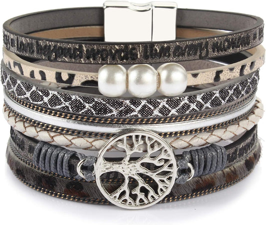 FANCY SHINY Tree of Life Leather Wrap Bracelet Inspirational Cuff Bangles Boho Pearl Bracelets with Magnetic Clasp Unique Jewelry Gifts for Women