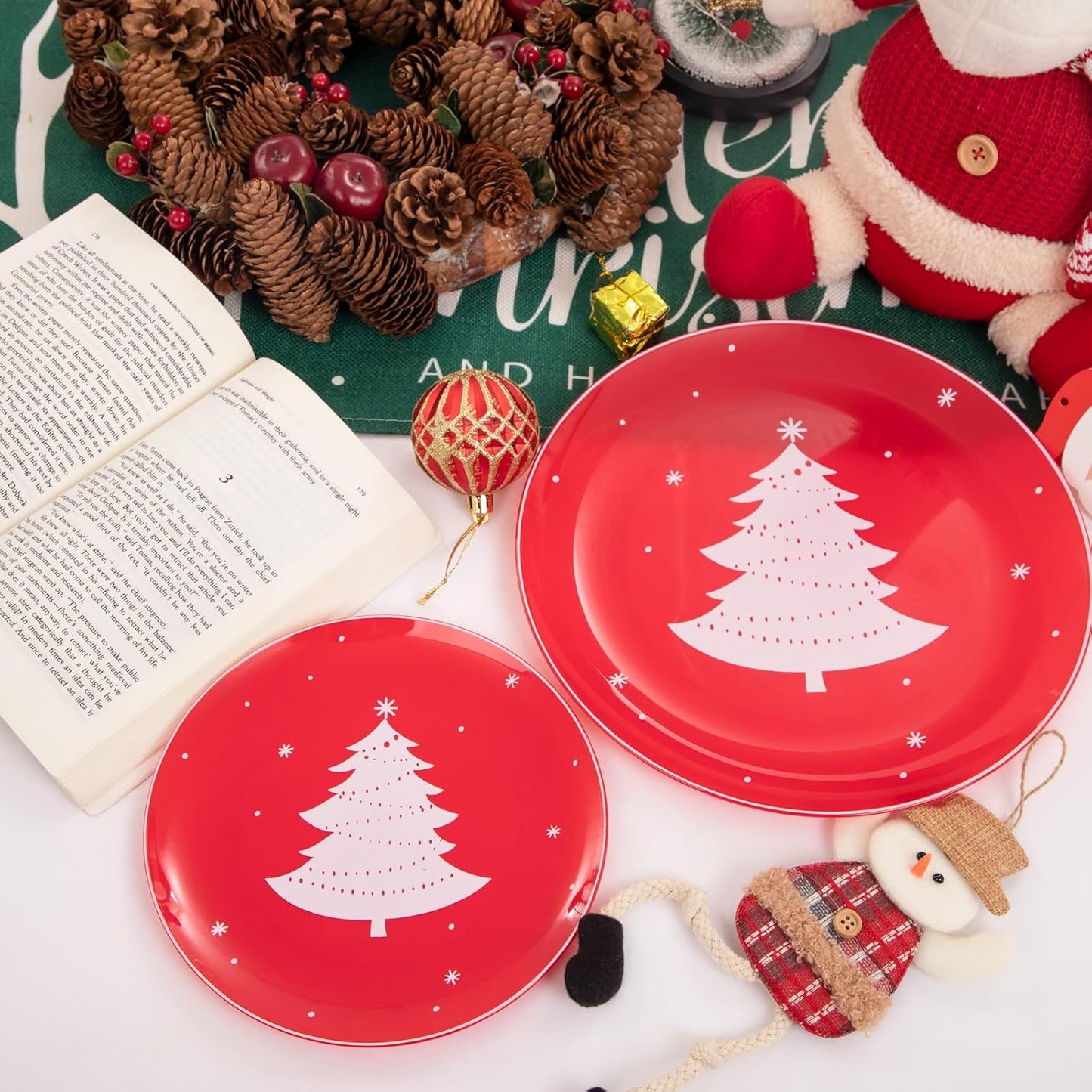 WDF 50 Pieces Plastic Christmas Plates - Red and White Plastic Plates with Christmas Tree include 25 Dinner Plates, 25 Salad Plates - Red White Party Plastic Plates for Christmas, Winter