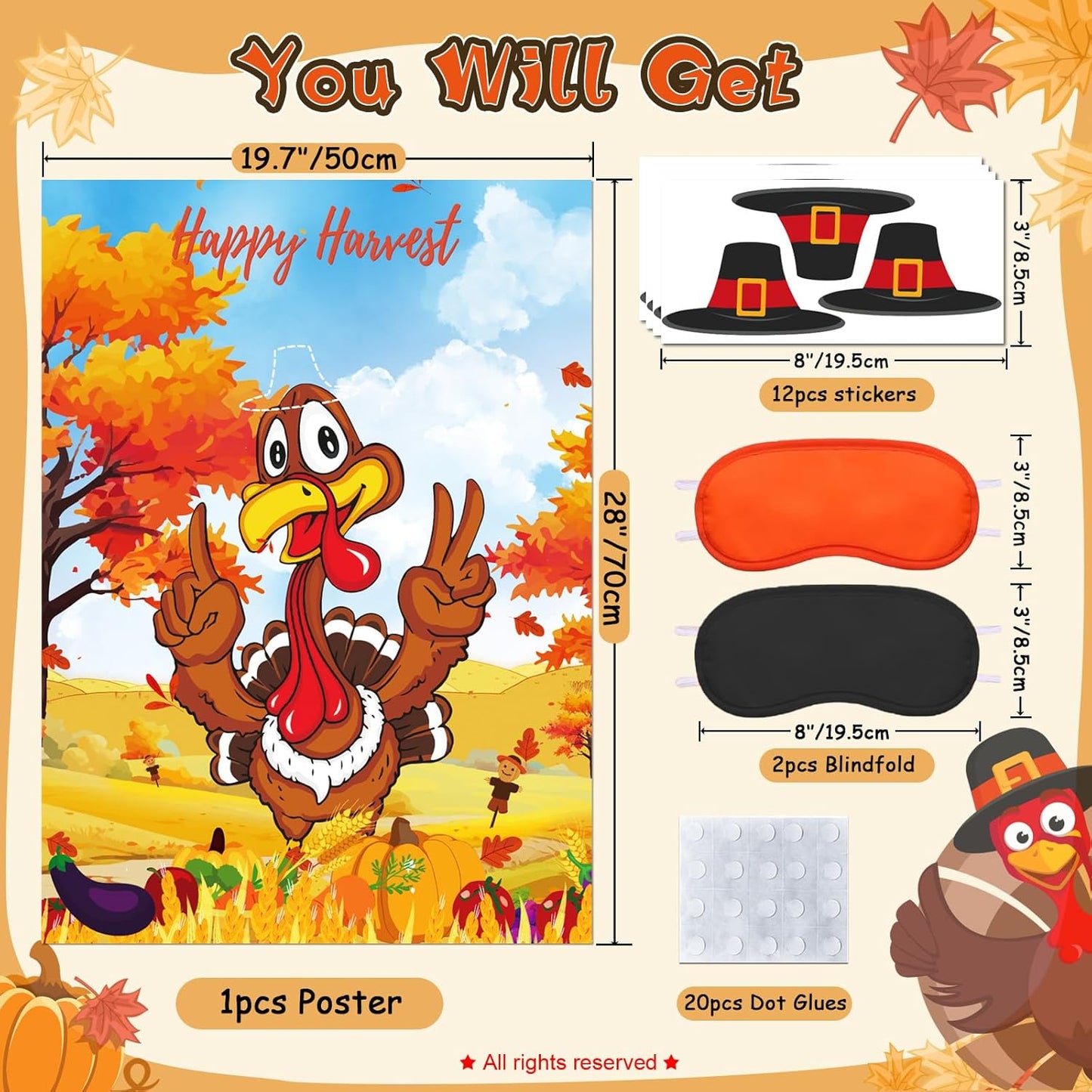 Upgraded, Fall Festival Games for Kids, Pin The Hat on The Turkey, Funny Thanksgiving Games, Classic Design, with Premium Poster, Reusable Stickers, Eye Mask, Ideal Friendsgiving Party Decorations