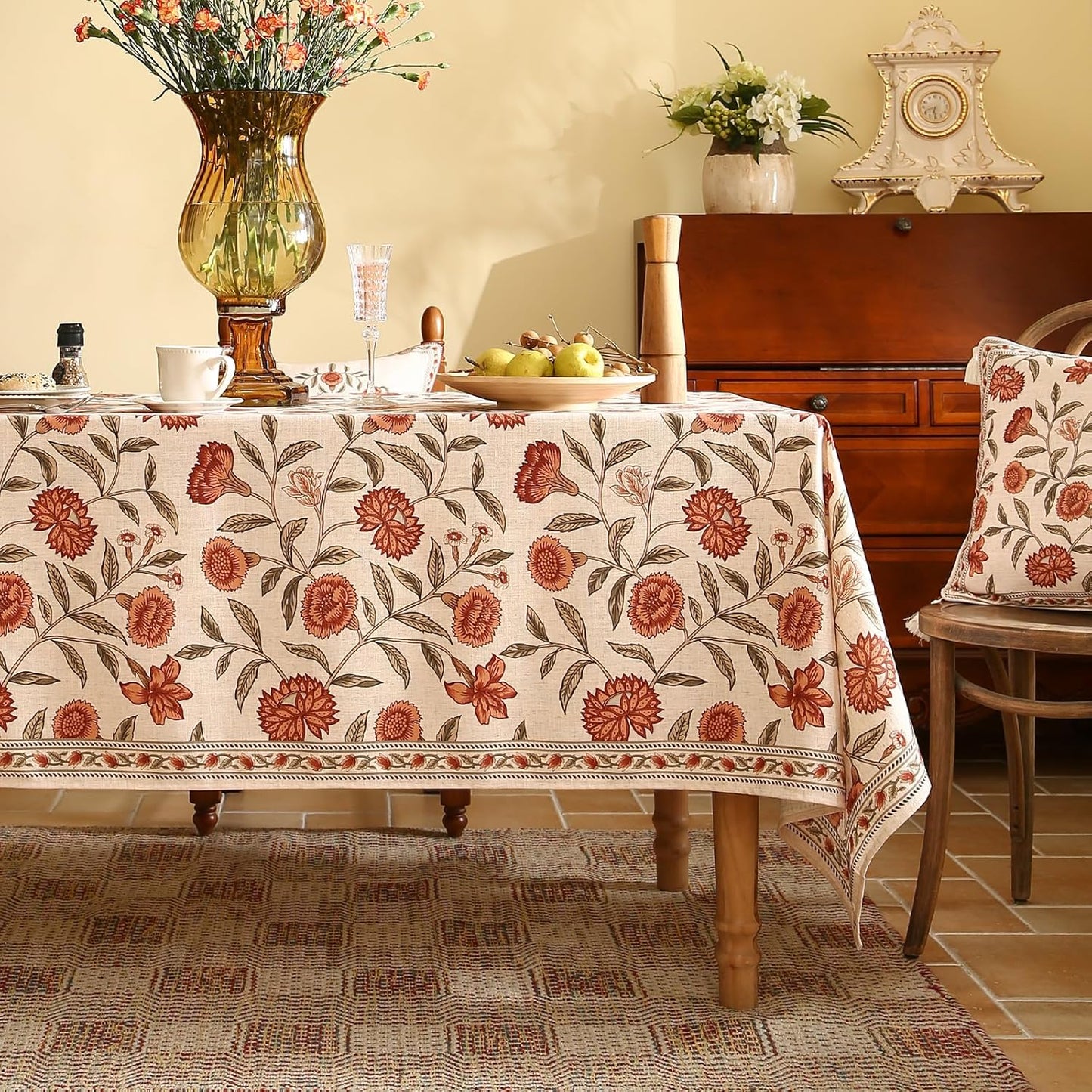 ISAENNE Designer French Small Rectangle Tablecloth,Linen Orange Floral Pattern Indoor Table Cloth,Wrinkle Resistant Decor Table Cloth for Dining Thanksgiving Kitchen Party,55"*71"-Alvarado D