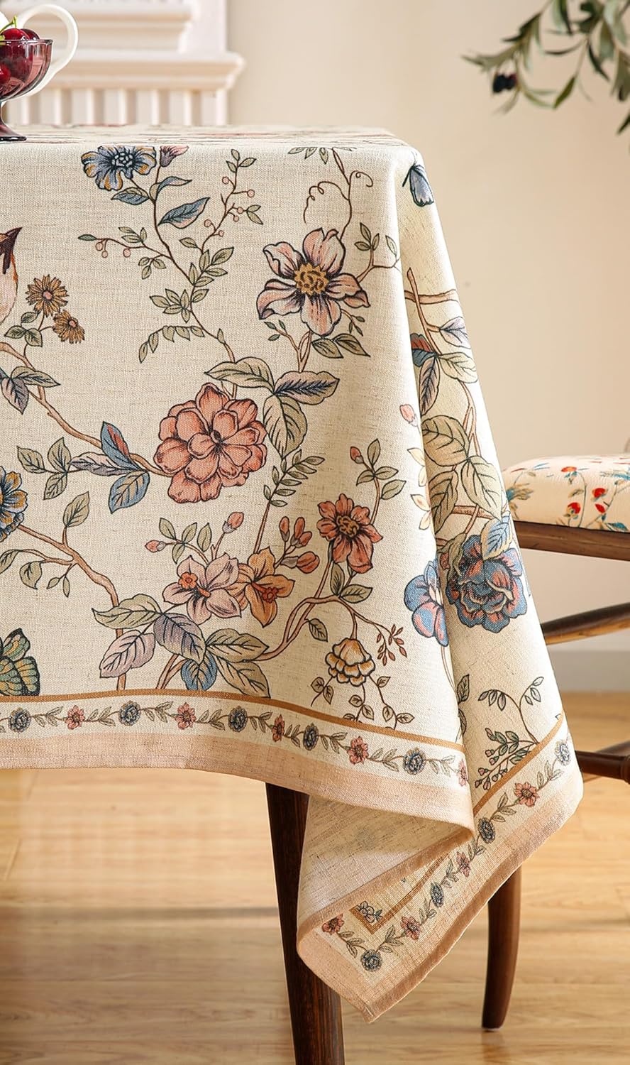 ISAENNE Designer French Light Beige Table Cloth for Rectangle Table,Linen Florals and Birds Pattern Tablecloth,Durable Decorative Tablecloths for Dining Thanksgiving Kitchen,55"*79"-Cornucopia