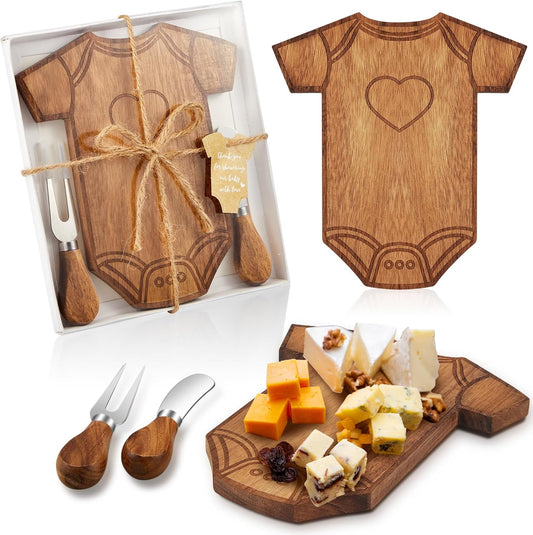 1 Set Baby Shower Favors Clothing Shaped Charcuterie Board Set Thank You Tags with Box Gifts for Guests Cheese Board Party Favors for Gender Reveal Baby Shower Prize Gifts (Acacia Color)