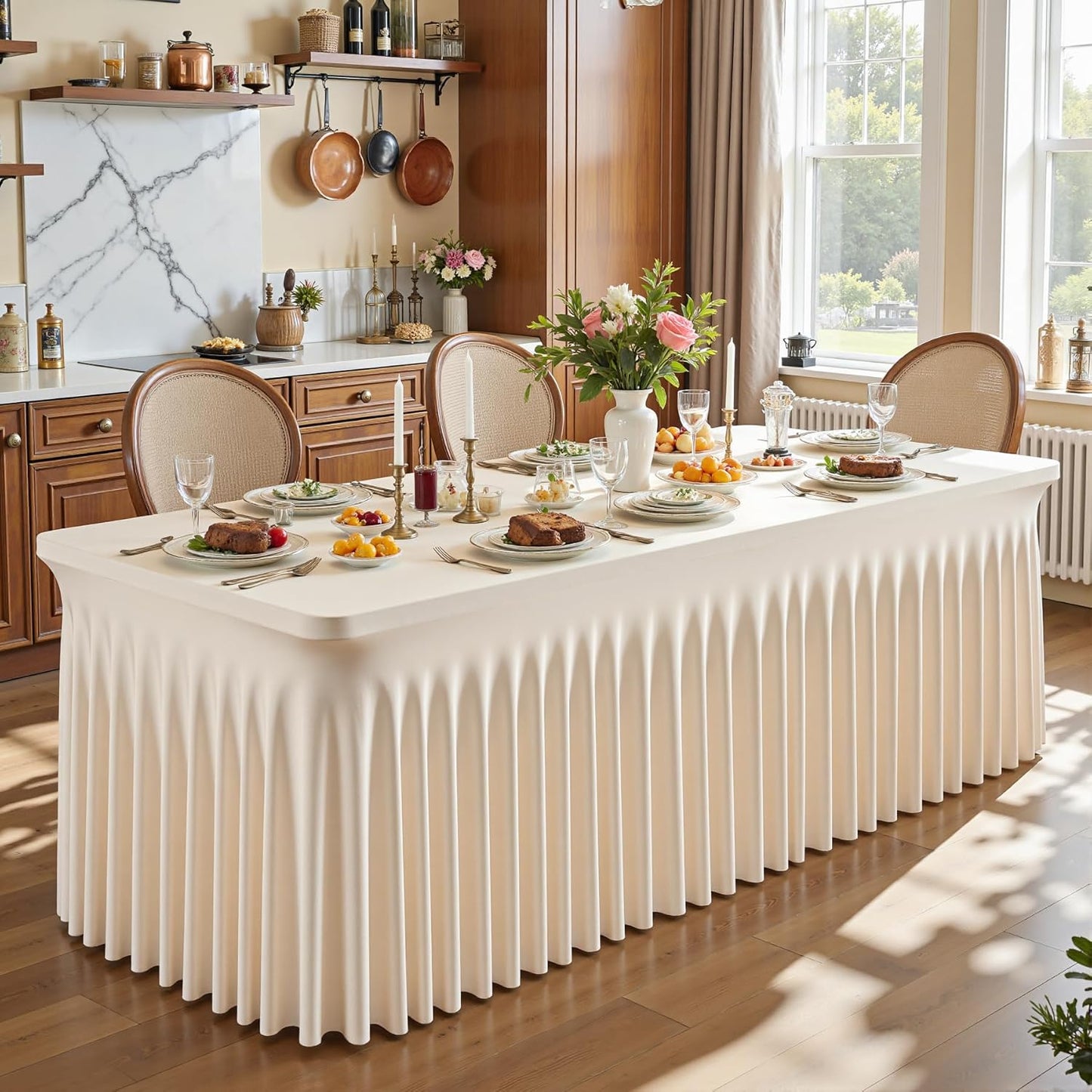 1 Pack Light Champagne Table Clothes for 4 Foot Rectangle Tables, One-Piece Wrinkle Resistant Stretch Spandex Table Covers with Skirt for Event Banquet Wedding Birthday Party