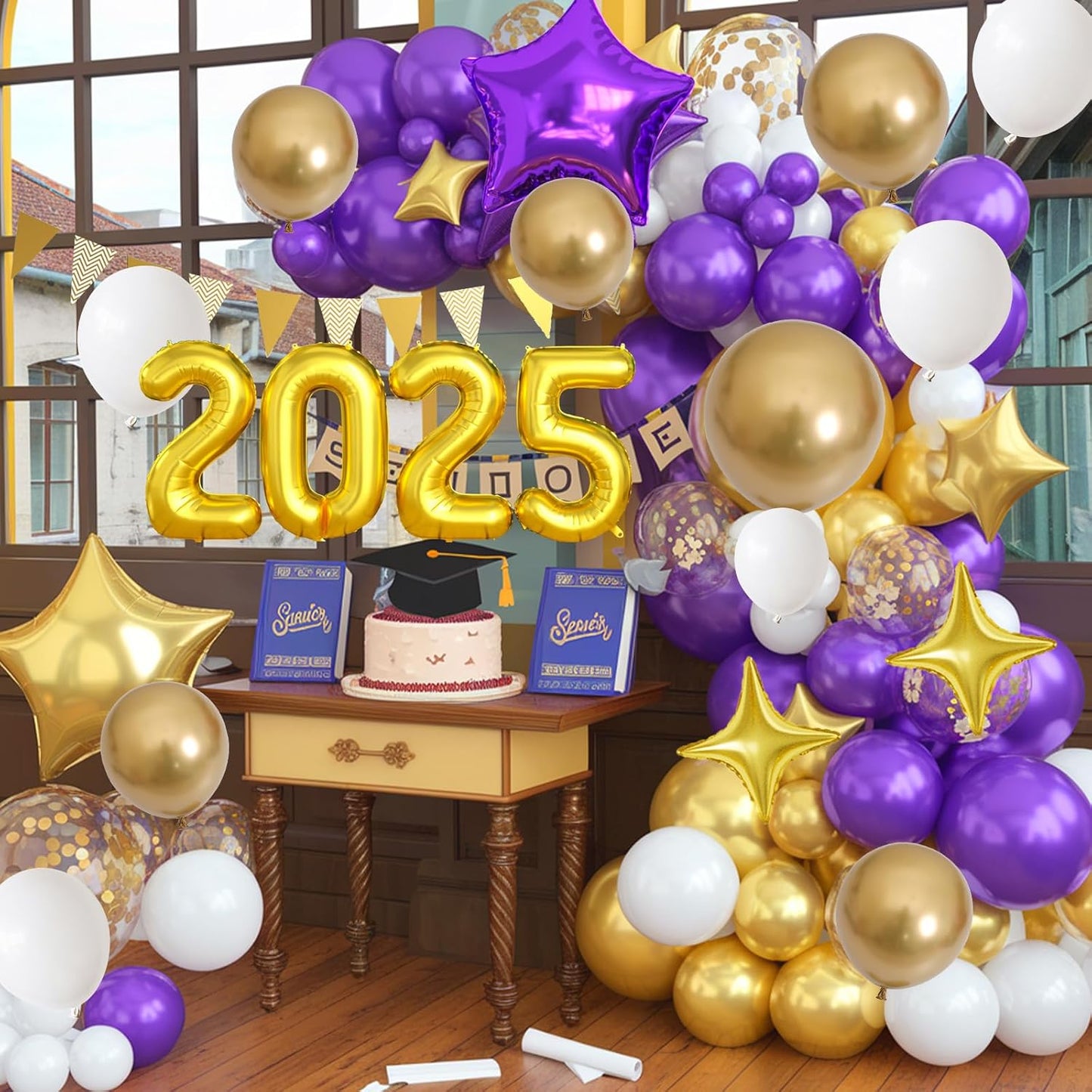 Purple Gold White Balloons Arch Kit with Star Balloon Pennant Flag Bunting 2025 Foil Balloon Banner Purple Gold Confetti Balloons Garland for Class of 2025 Graduation Theme Birthday Party Supplies