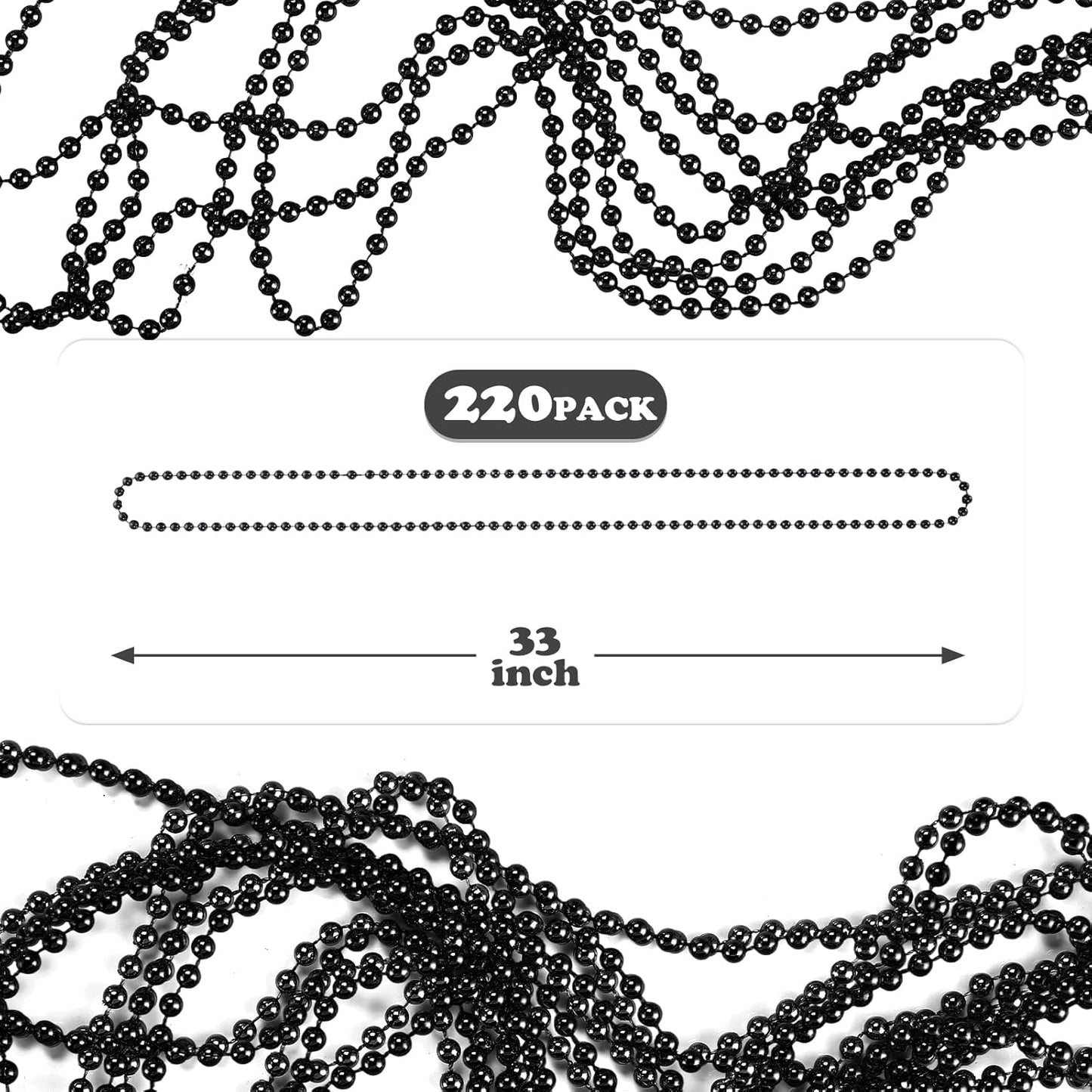 220 PCS Black Bead Necklace, 33 Inch Mardi Gras Christmas Beads, Bulk Metallic Party Beads for Mardi Gras Parade, St Patricks Day, Wedding, Birthday, Pirate Party, Carnival Party Favors