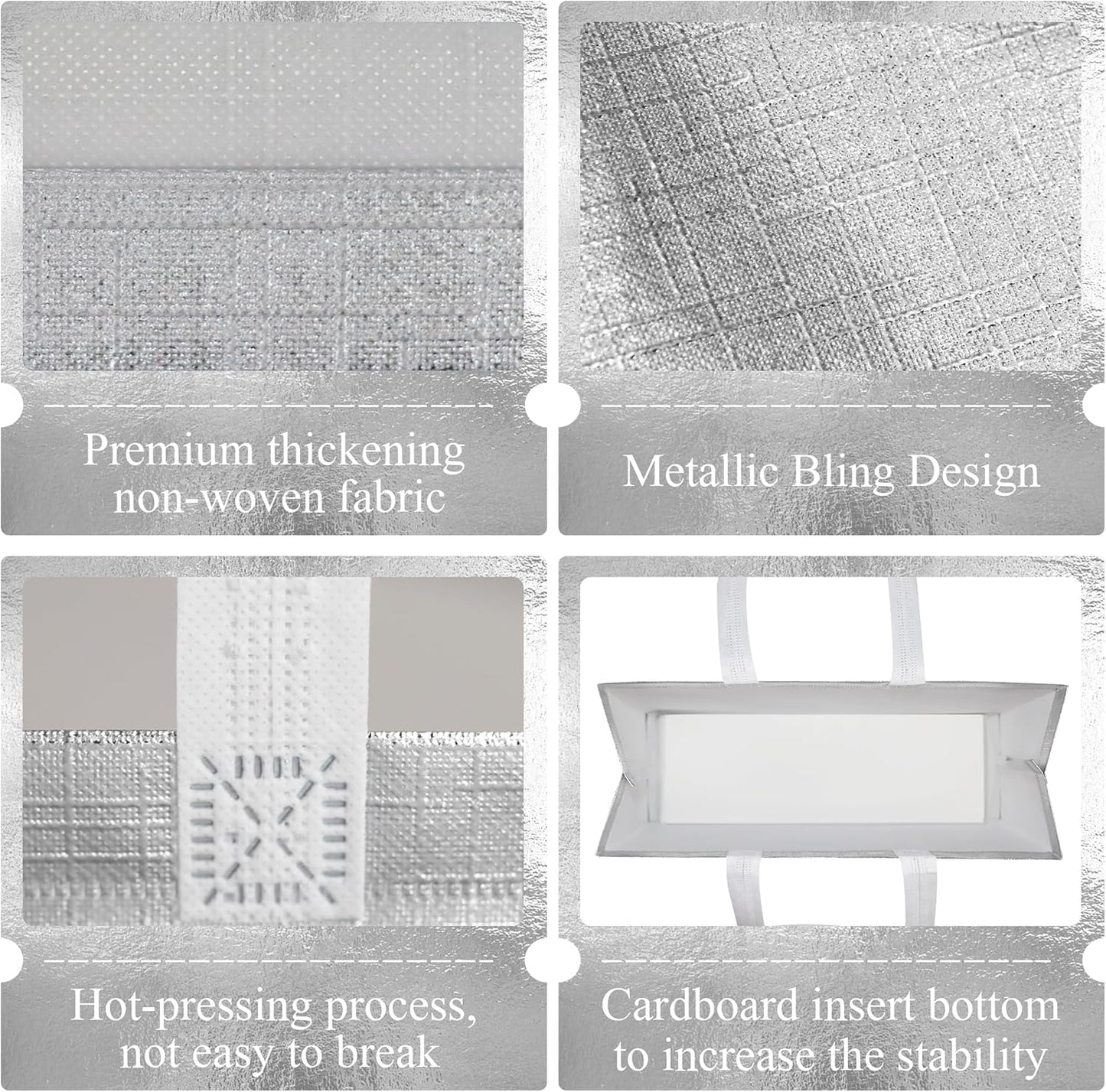 cabzymx 25 Pcs Silver Reusable Gift Bags with Metallic Design, Non-woven Gift Bag Bulk with Handles, Glossy Party Bags for Wrapping Gifts, Birthday, Wedding, Parties, Graduation-12.6x4.7x11 In