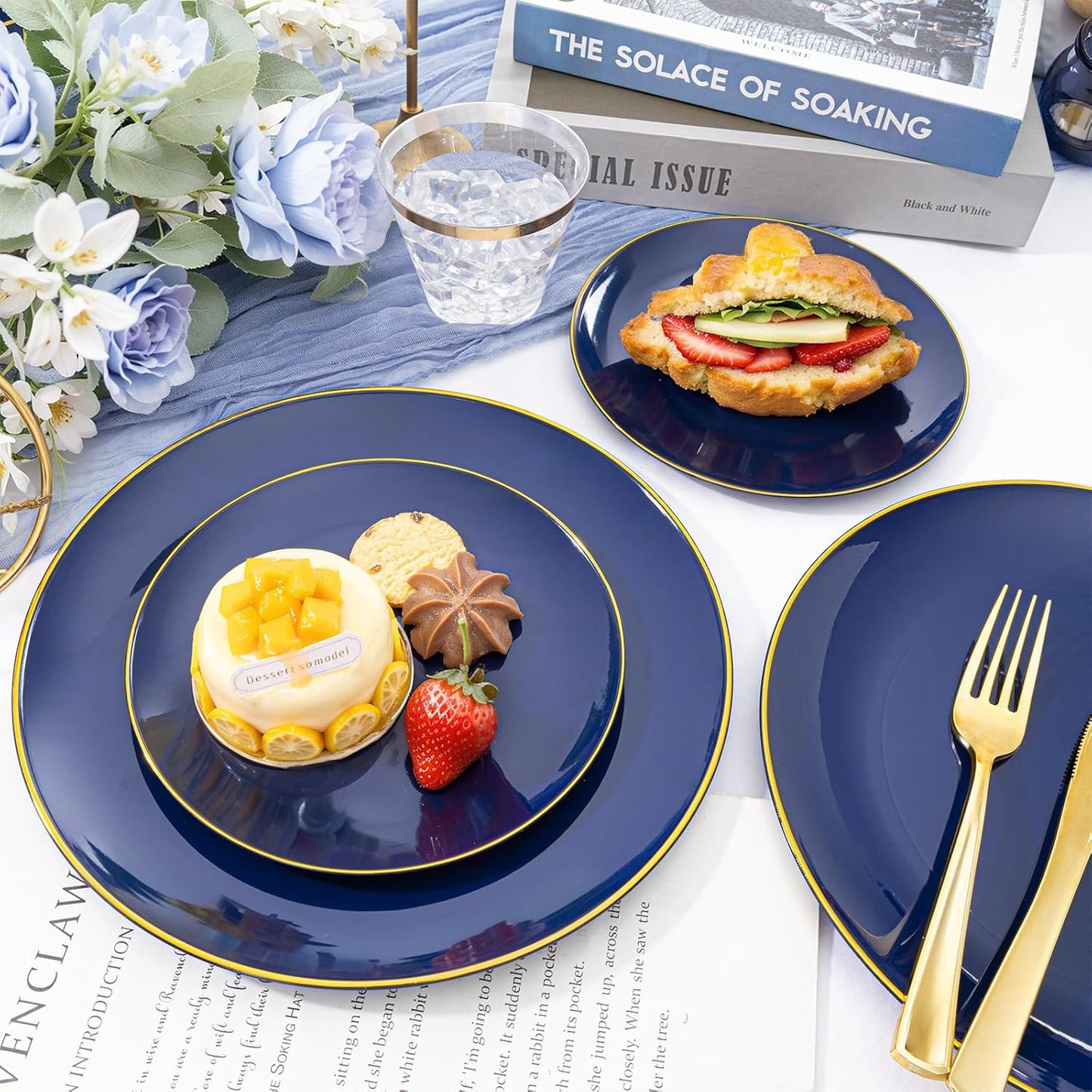WDF 150pcs Blue plastic Plates - Navy Blue Plates Disposable - 25guest Disposable Dinnerware Sets for Party/Wedding/Birthday