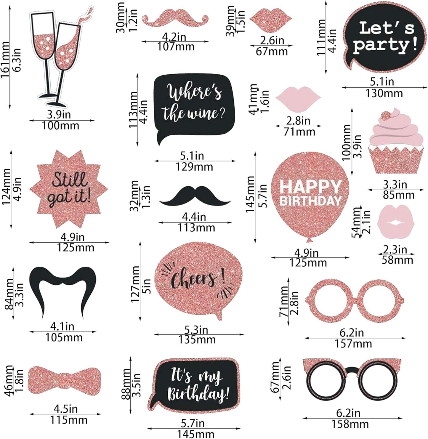 Party Birthday Photo Booth Props, 30Pcs Set of Happy Birthday Selfie Party Supplies with Real Glitter Cute Bday Designs for Women or Girls,Easy to Assemble(Rose Gold)