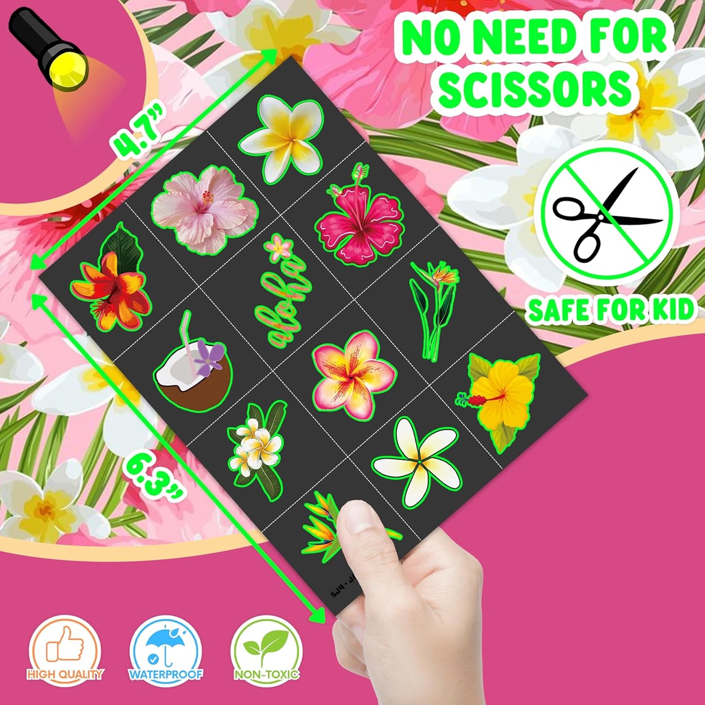 96 PCS Tropical Flower Hawaiian Pre-Cut Temporary Themed Birthday Favors Supplies Décor Cute Luau Gifts For Game Boys Girls Classroom School (Glow In The Dark)
