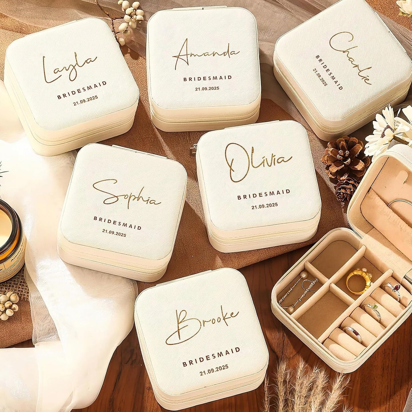 DayOfShe Bridesmaid Proposal Gifts Personalized Bridesmaid Jewelry Box Leather Small Travel Jewelry Organizer Ring Case for Wedding Maid of Honor Gifts