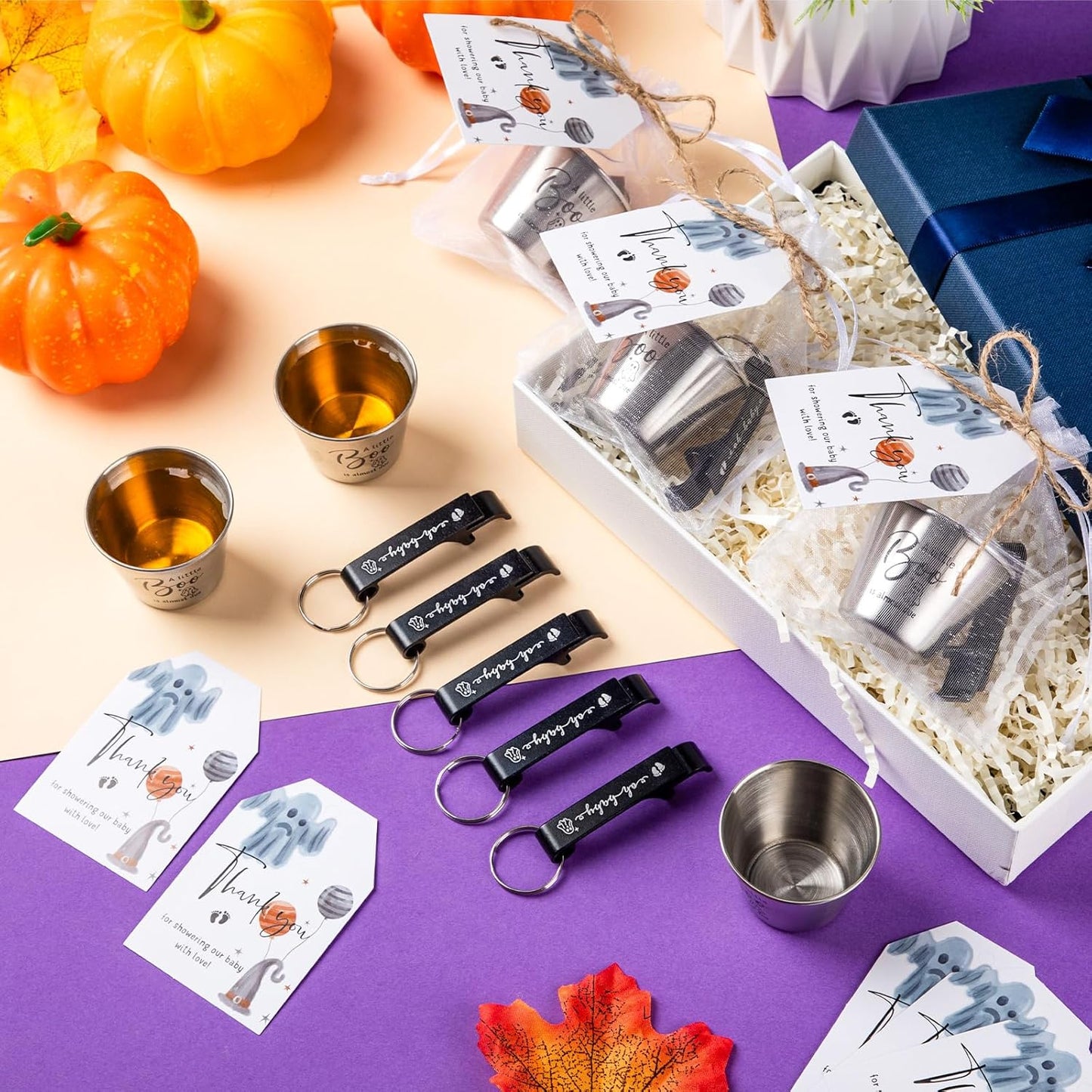 Vesici 25 Sets 50 Sets Baby Shower Favors 1.5 oz Stainless Steel Shot Glasses Cute Bottle Opener Keychains Thank You Tags Bags Halloween/Fall/Gender Reveal Party Return Gift Guest (Black)