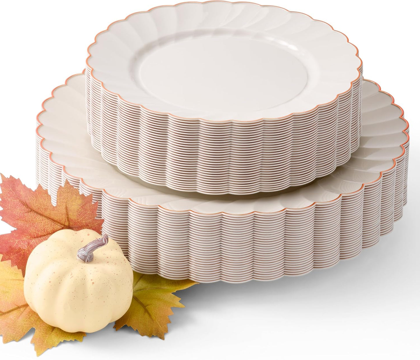 By Madee HEAVYWEIGHT 60 Pc Thanksgiving Disposable Plates – Ivory Scalloped Plastic Plates with Rose Gold Trim | 30 Dinner & 30 Dessert Plates for Fall Parties, Weddings & Friendsgiving