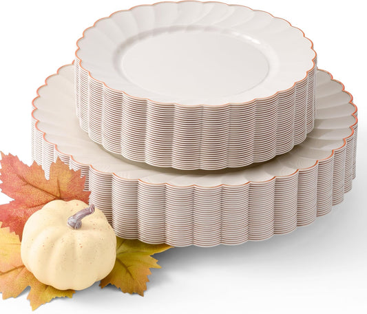 By Madee HEAVYWEIGHT 60 Pc Thanksgiving Disposable Plates – Ivory Scalloped Plastic Plates with Rose Gold Trim | 30 Dinner & 30 Dessert Plates for Fall Parties, Weddings & Friendsgiving