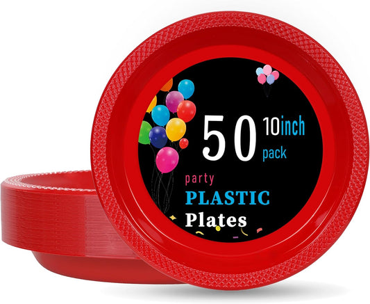 WELLIFE 10 Inch Plastic Plates Red 50 Count Disposable Plate for Party, Large Big Plates for Dinner Party Supplies Birthday Camping BBQ Baby Shower