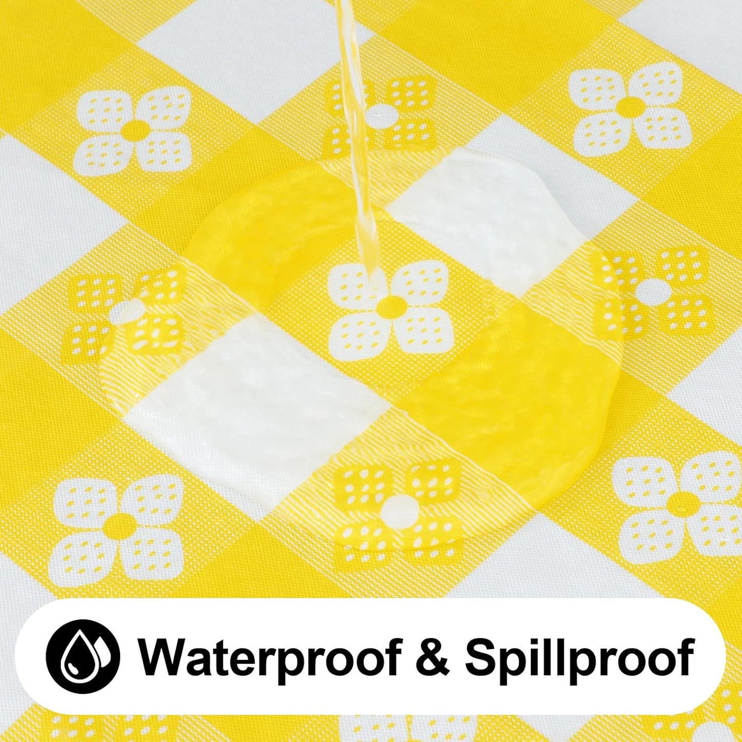 Rectangle Vinyl Table Cloth, Waterproof Elastic Fitted Tablecloth with Flannel Backing, Plastic Table Cover for Picnic, Camping, Outdoor (White & Yellow, 30"x96")
