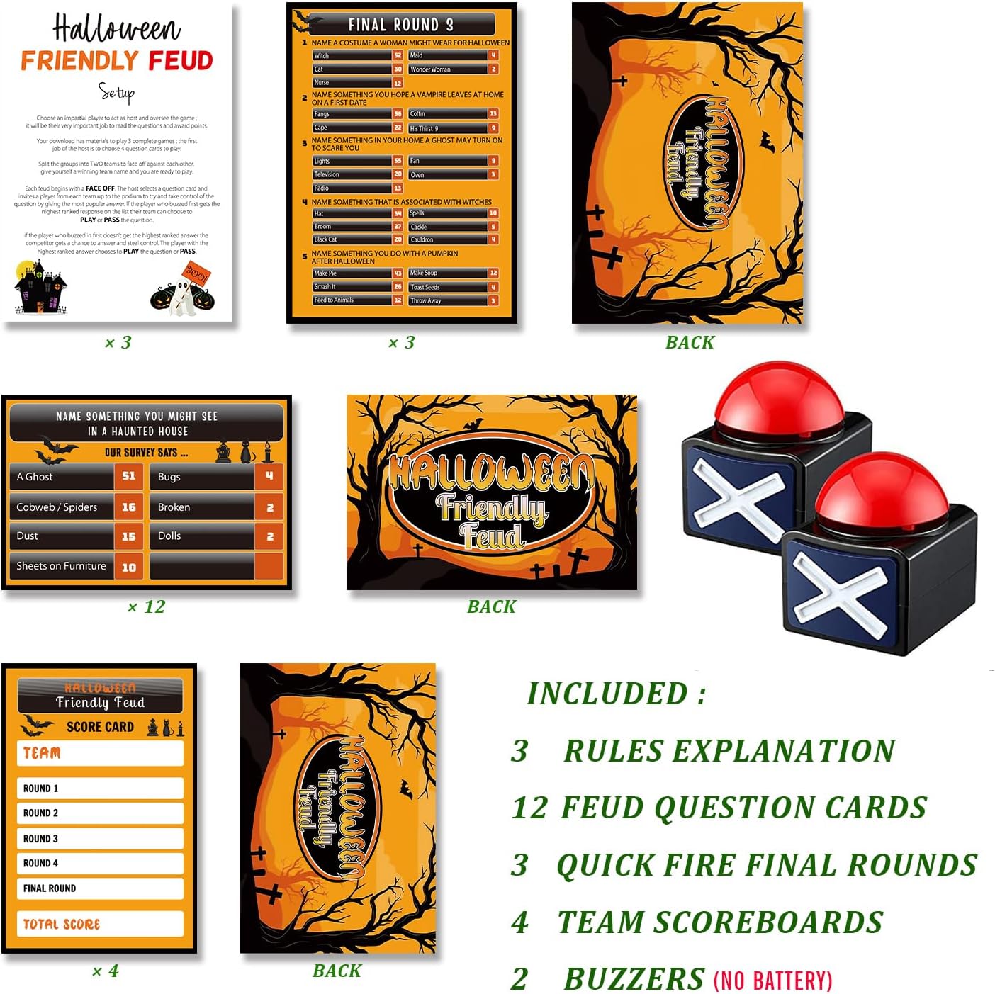 Halloween Friendly Feud Game with Two Buzzers, Halloween Party Supplies, Holiday Group Game - SC001-B