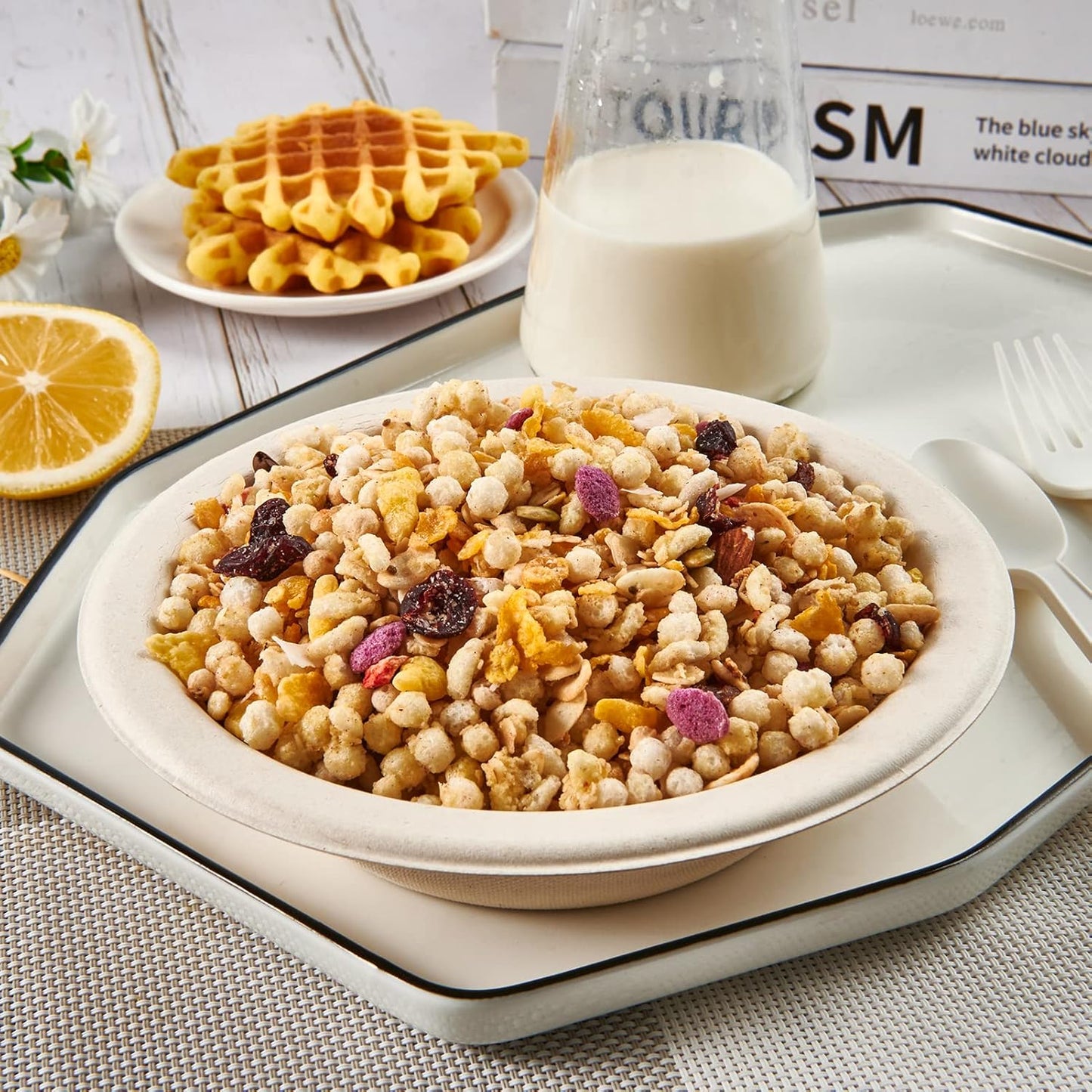 ECOLipak 150 Pack Compostable Disposable Paper Bowls, 16 OZ Bagasse Heavy duty Biodegradable Eco Friendly Sugarcane Soup Bowls for Salad Dessert(Nature)