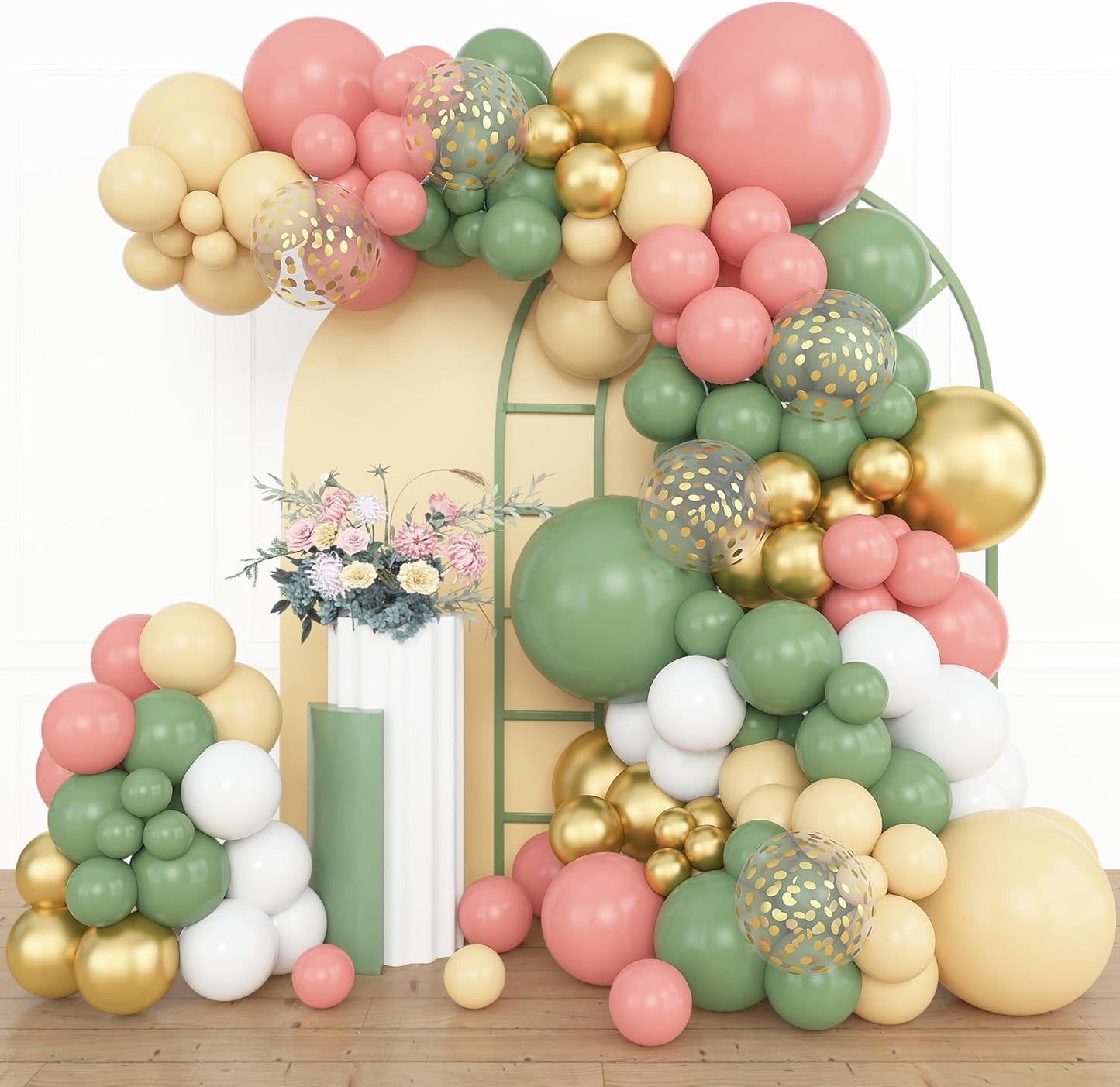 Amandir 153pcs Retro Green Pink Balloon Garland Arch Kit, Different Sizes 18 12 10 5 inch White Dusty Pink Latex Metallic Confetti Balloons for Jungle Safari Birthday Party Baby Shower Decorations