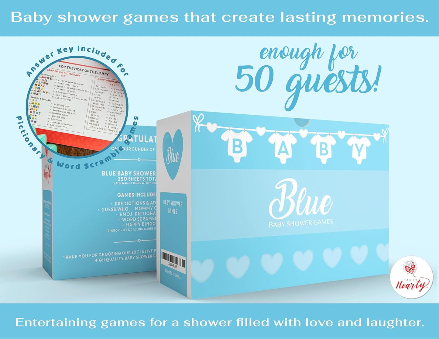 Party Hearty Baby Shower Games for Boy, 250 pcs Blue 5 Games Activities Cards, Funny Baby Shower Games, Baby Shower Ideas