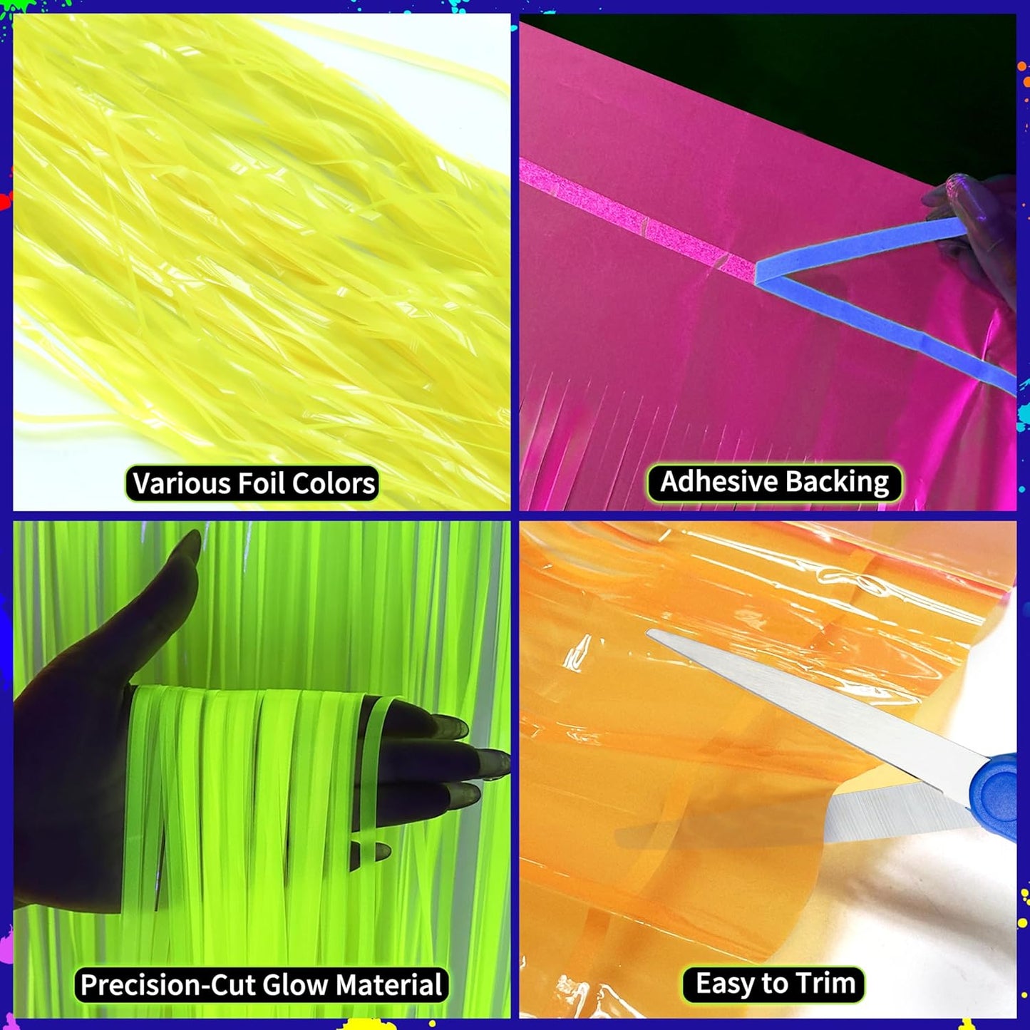 Glow in the Dark Party Supplies - 6Pack Neon Tinsel Fringe Table Skirts Party Decoration， 31.5"x118" UV Reactive & Fluorescent Neon Streamers for Glow Party, Birthday, Rave, Blacklight Event