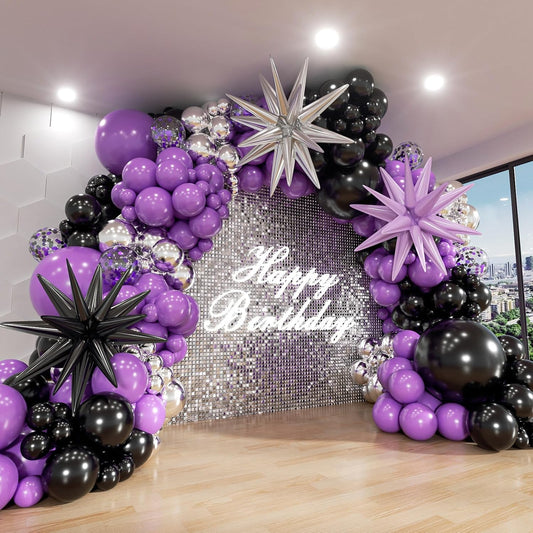 Purple and Black Balloon Arch Kit, 140Pcs Black Purple Metallic Silver and Confetti Balloon Garland kit, 22 18 12 10 5 Inch Different Size Balloons for Halloween Birthday Party Decorations