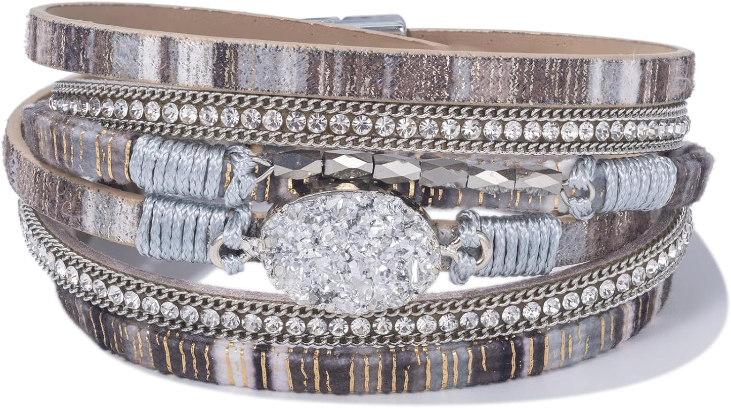 FANCY SHINY Leather Wrap Bracelet Boho Cuff Bangle Bracelets Crystal Bead Bracelet with Magnetic Clasp Jewelry Gifts for Women