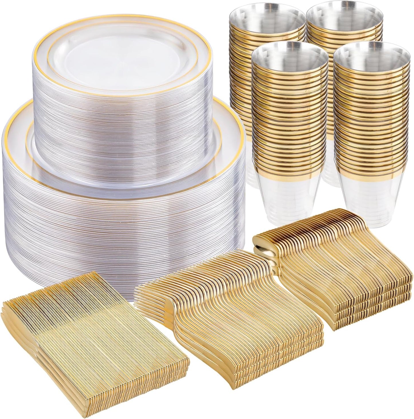 WELLIFE 600pc Gold Trim Plastic Dinnerware Set for Party: 100 Dinner Plates, 100 Dessert Plates, 300 Cutlery