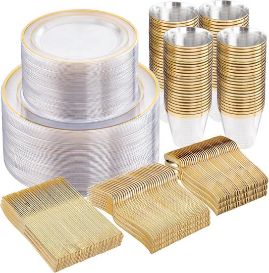 WELLIFE 600pc Gold Trim Plastic Dinnerware Set for Party: 100 Dinner Plates, 100 Dessert Plates, 300 Cutlery