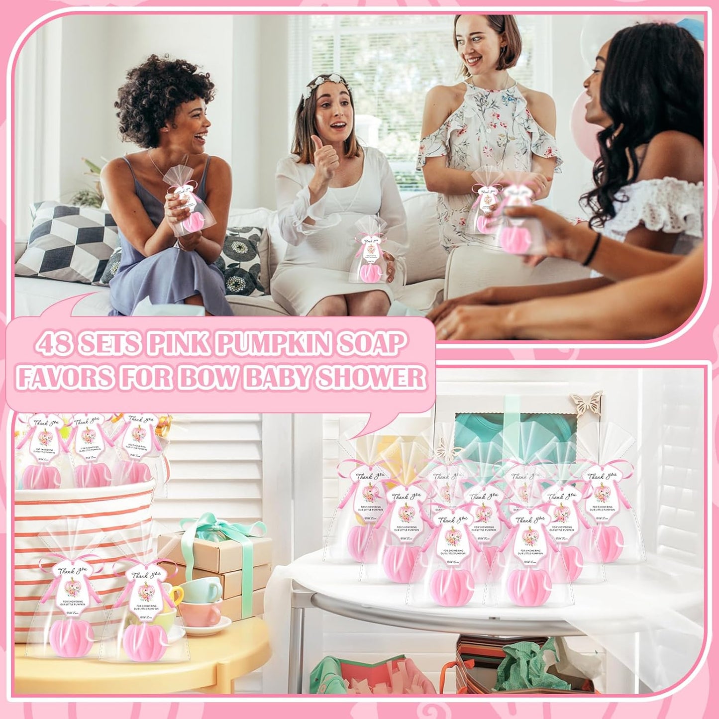 48 Sets Thanksgiving Pumpkin Soap Baby Shower Favor Thanksgiving Bridal Shower Favors Mini Pumpkin Soap Thanks Card Gift Bag with Ribbon for Autumn Guest Wedding Party Decor Gifts(Pink)