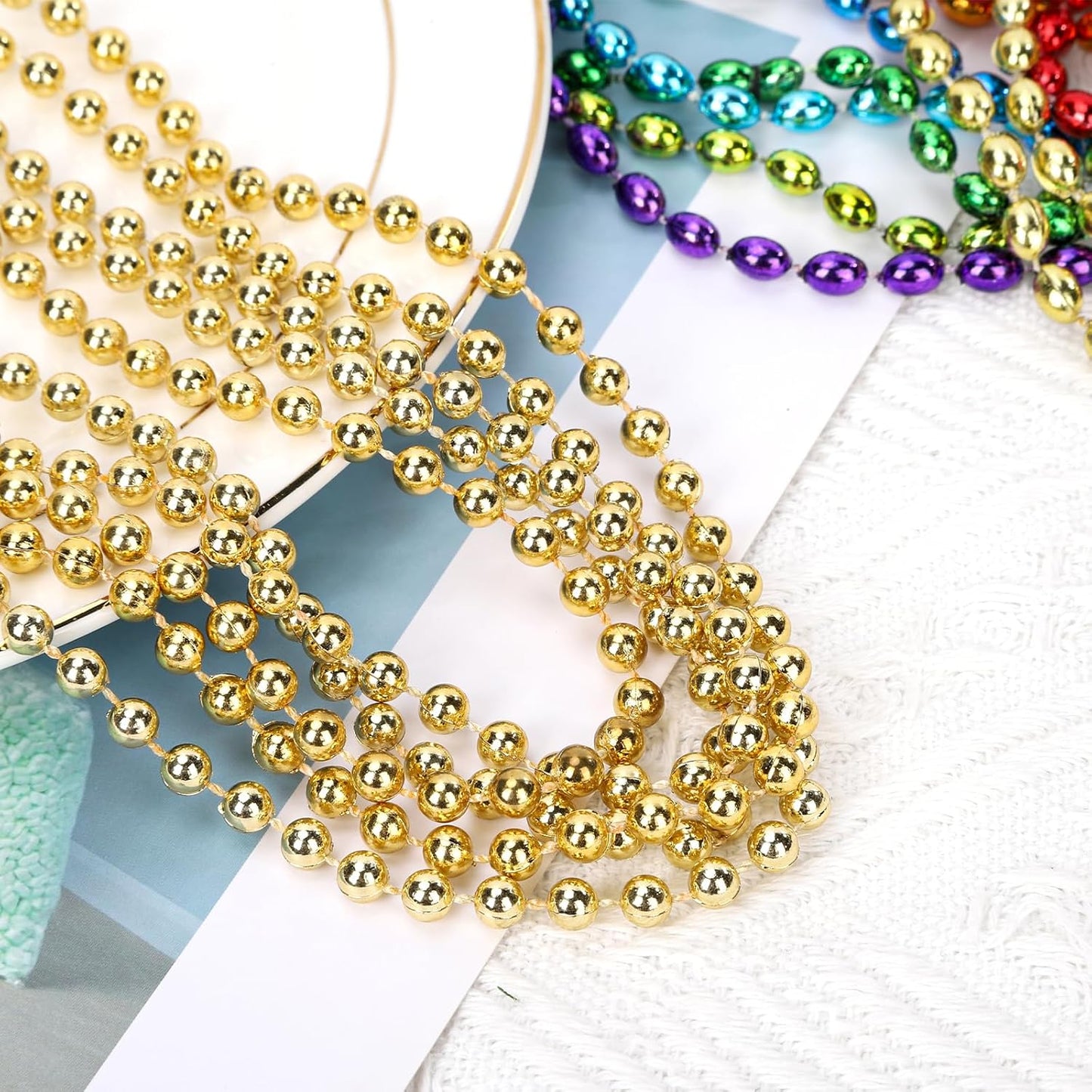 48 Pack Mardi Gras Beads Necklaces, 33 Inch Plastic Beads for Party Favors, Festival Decorations, Parade Throws, Christmas, St. Patrick's Day Celebrations