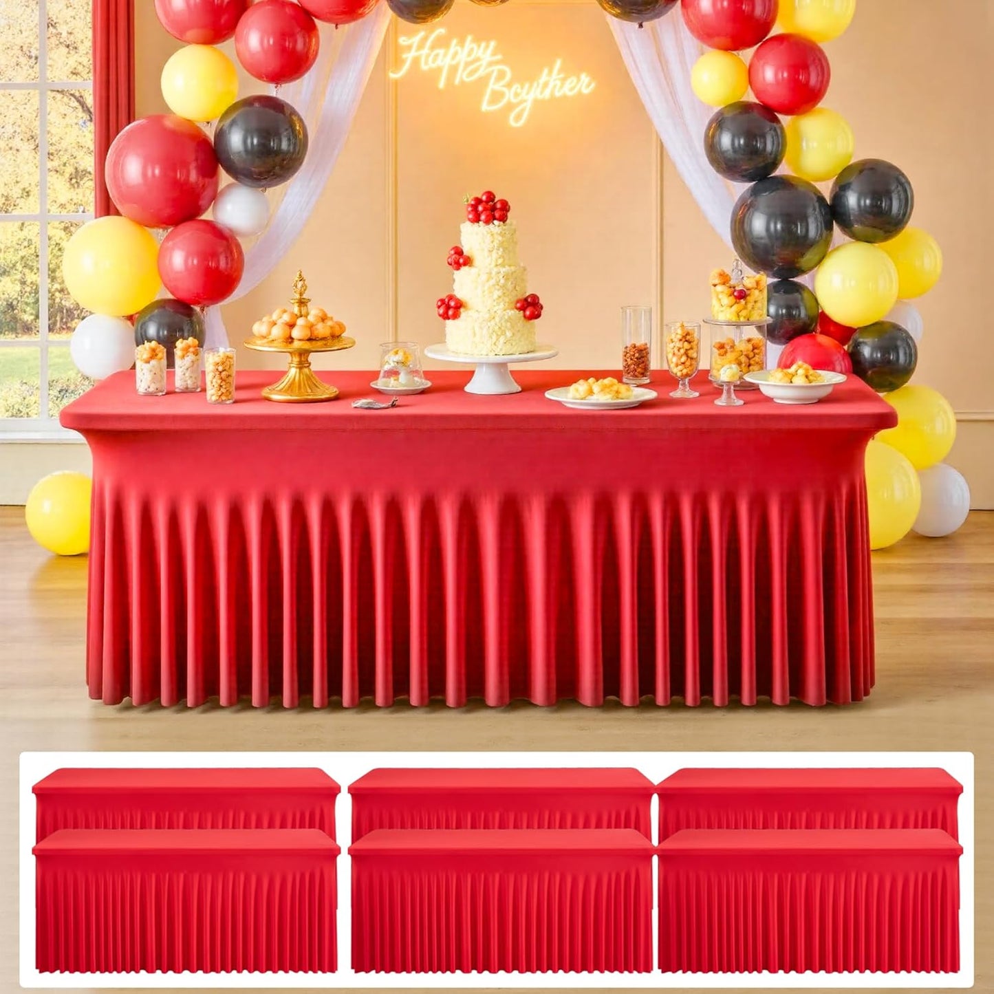 6 pk Red Spandex Tablecloth 6ft with Ruffle Skirt,Wrinkle Free High Stretch Fitted Tablecloths for 6 Foot Rectangle Tables,Pleated Skirts Spandex Table Covers 6ft for Christmas Party Banquet Wedding