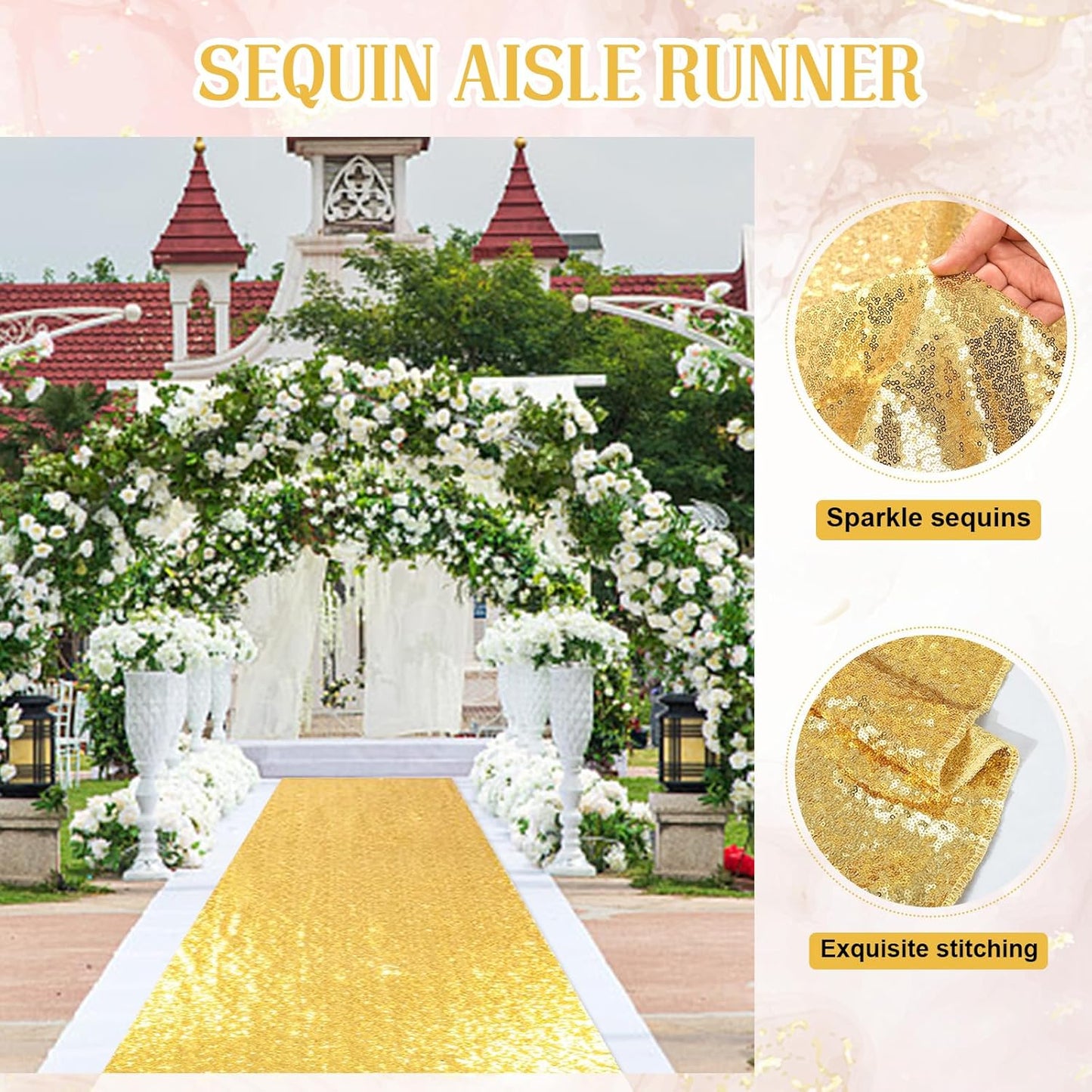PartyDelight Wedding Aisle Runner for Ceremony Gold 4FTx15FT Sequin Carpet Sparkly Rug for Indoor Outdoor Weddings Engagement Decoration