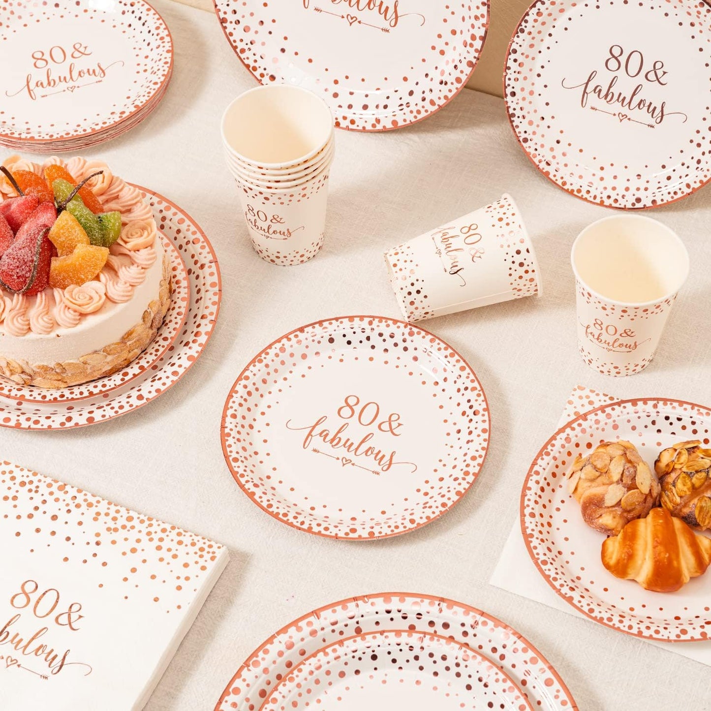Crisky Rose Gold Foil 80 Fabulous Napkins Plates Cups Set for Women 80th Birthday Party Decorations Supplies, Disposable Tableware Set of 24 (9" Plates, 7" Plates, Luncheon Napkins, 9oz Cups)