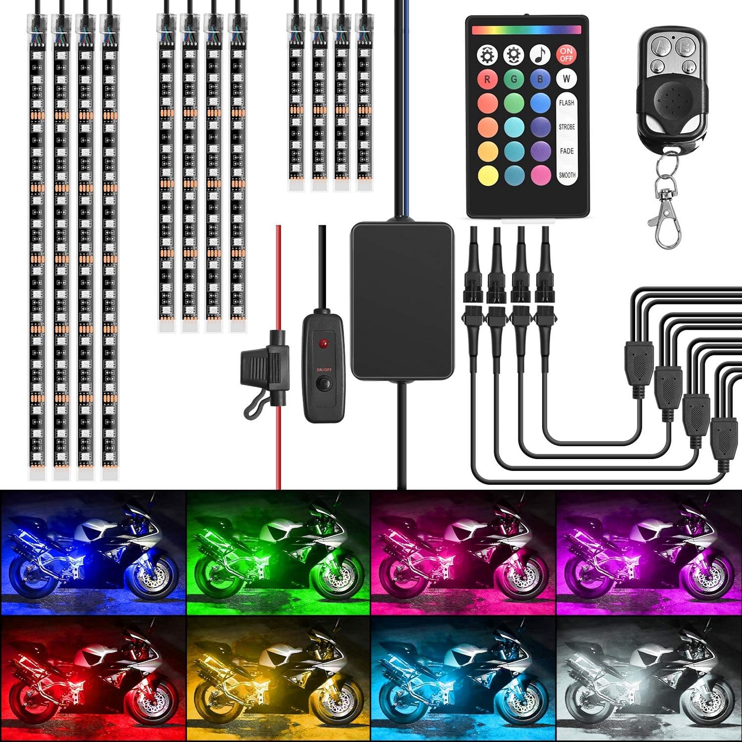 Nilight - TL-35 12PCS Motorcycle RGB Led Light Kit Waterproof Multi-Color Atmosphere Lights Lamp with Dual RF Wireless Remote Controllers for Harley Davidson Honda Kawasaki Suzuki, 2 Years Warranty