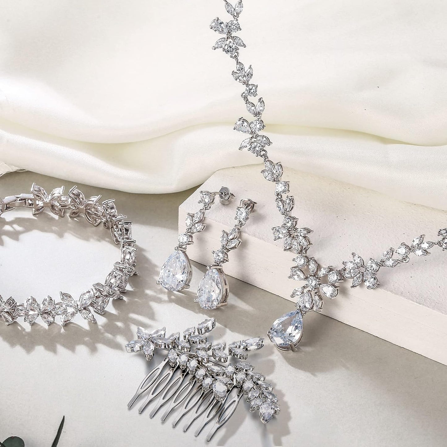 Crysdue Wedding Jewelry Set for Women, Floral Leaf Vine Teardrop Necklace Dangle Earrings Bracelet and Hair Comb, Cubic Zirconia Elegant Party Prom Jewellery for Bridal Bridesmaid