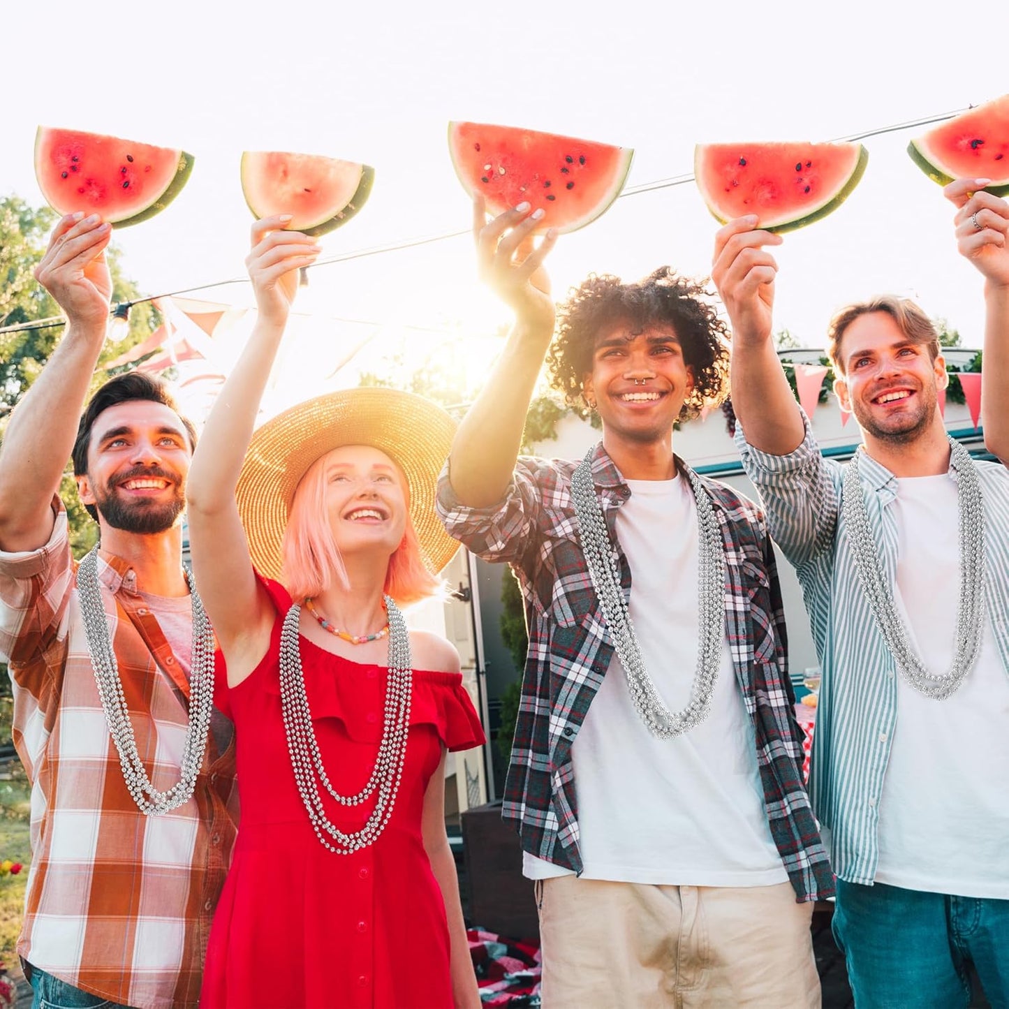 12 PCS Silver Mardi Gras Beads, 33" Christmas Beads Necklaces, Festival Parade Throws Accessory Sets, Bulk Carnival Round Costume for Independence Day Party Favors Christmas Decorations