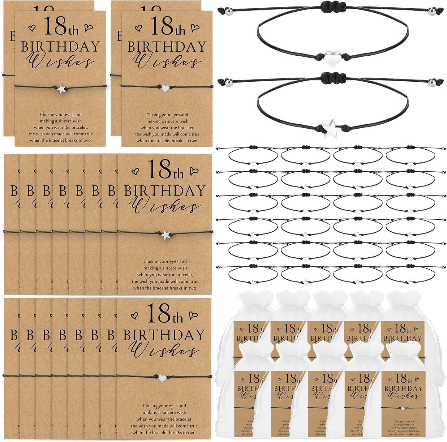 Misdary 25 Set Sweet 18th Birthday Wish Party Favors for Guests Include Adjustable Heart Charm Star Bracelets Gift with Thank You Wish Cards for Birthday Souvenirs Party Supplies Decor