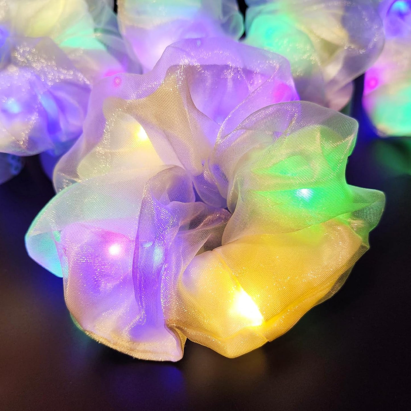 Light Up Scrunchies, Double-layer LED White Scrunchy Fun Hair Ties Glow in the Dark Party Supplies Glow Sticks Party Favor Festival Rave Accessories for Women Neon Party(9PCS-White Set)