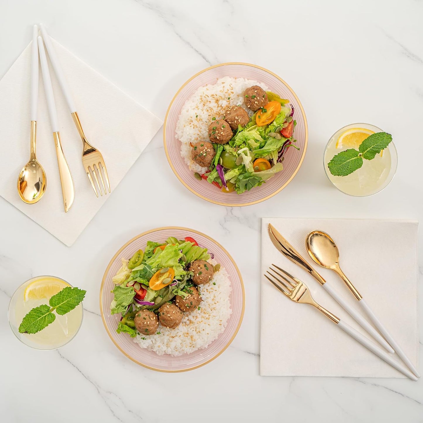 Restaurantware Plastic Plates 100 Pcs 7.25" Gold Rimmed Disposable Plates Heavy-Duty Pink Translucent Rippled Plastic Dinner Servers for Party, Weddings, Salads, Desserts, and Appetizers